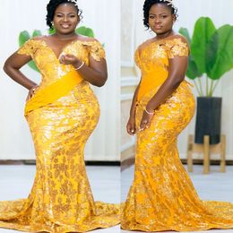 2022 Plus Size Arabo Aso Ebi Sirena gialla scintillanti abiti da ballo con paillettes in pizzo da sera festa formale secondo ricevimento compleanno abiti di fidanzamento vestito ZJ897