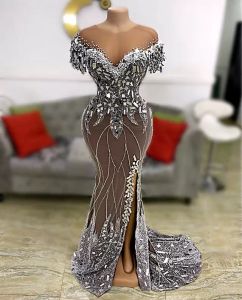 2022 Plus Size Arabic Beading Mermaid Split Prom Dresses Sheer Neck Short Sleeve Evening Formal Party Second Reception Gowns