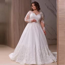 2022 Plus Size Bohemian Trouwjurk V-hals Geappliceerd Lange Mouwen Kant Bruidsjurken Ruche Sweep Trein Custom Made Abiti da SPOSA