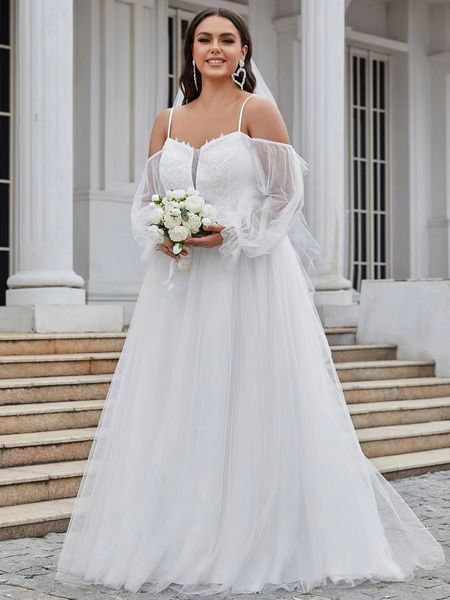 Vestido de novia de lujo ligero con escote corazón blanco de corte en A con manga farol de talla grande 332CR