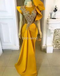 2022 Robes de bal de grande taille arabe Aso Ebi jaune sirène robes de soirée élégantes dentelle perles cristaux soirée formelle fête deuxième réception robes robe EE