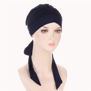 2022 Pre-gebonden moslimvrouwen binnenkappen strekken hijabs lange staart boog hoofd sjaal chemo kanker tulband femme haarverlies cap hoofdtrap cover