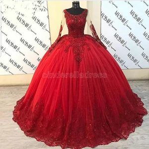 2022 Puffy robe de bal Quinceanera robes à manches longues en tulle rouge dentelle perlée douce 16 robe de soirée mexicaine Cendrillon robes de bal BC11332