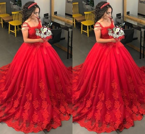 2022 Puffy Red Beading vestidos de novia vestidos de novia apliques de encaje con cuentas de manga corta imperio cintura vestido de fiesta para mujeres de talla grande