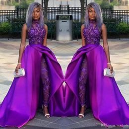 2022 Combinaisons violettes robes de bal avec train détachable col haut dentelle appliquée perles robes de soirée de luxe robes de soirée africaines PR232m