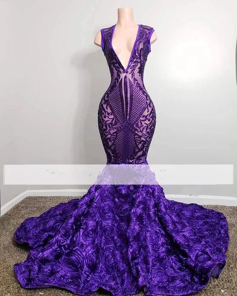 Robe de bal à paillettes violettes pour filles noires, Sexy, col en V, avec des Appliques de queue, robes de soirée africaines, 2022, 322