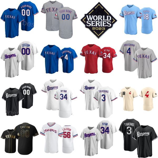 Mans 56 Kole Calhoun Maillots de baseball Série mondiale 23-24 Équipe 4 Robbie Grossman 3 Leody Taveras 18 Mitch Garver 32 Evan Carter 34 Nolan Ryan Couture rétro Flexbase