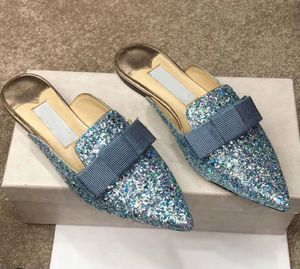 2022 Kwaliteit dames slippers schoenen zomer gala glitter puntige teen flats boog dames slippers luxe designer slippers sandaalschoen