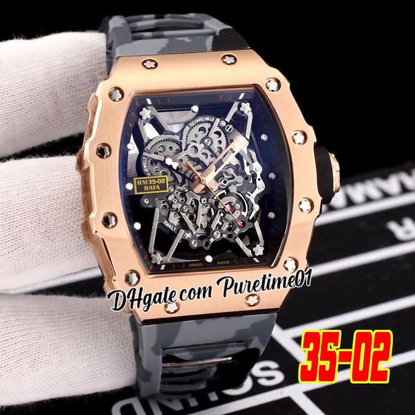 2022 Rafael Nadal Miyota Reloj automático para hombre Oro rosa Esqueleto Dial Negro Gris Camuflaje Correa de caucho Relojes Puretime01 E137-3502-D4