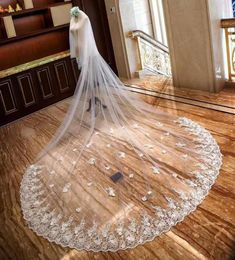 2022 Image réelle Cathédrale Longueur Voiles De Mariée Accessoires De Cheveux De Mariage Blanc Ivoire Long Cristal Perlé Dentelle Tulle 3 M Voile D'église 4831023