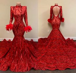 2022 Red Lace Applique Mermaid Evening Dresses Long Sleeve High Neck Backless Fishtail sequins aso ebi Black Girl Feathers Prom engagement Gowns F0427