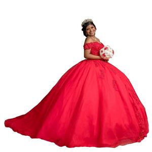 2022 Rode kant Quinceanera -jurken van de schouderbaljurken Tule applique kralen zoet 16 jurk korset terug 244U