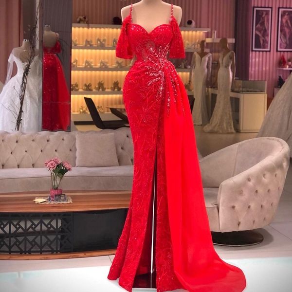 2022 vestido de noche de sirena rojo tirantes finos encaje vestidos de graduación lado dividido lentejuelas delgado moda segunda recepción vestidos