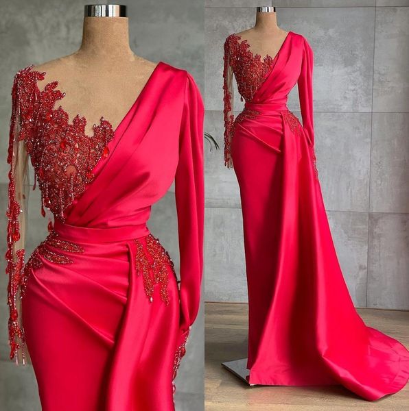 2022 Vestidos de noche de sirena roja Mangas largas transparentes Rebordear Borla Vestidos de fiesta formales árabes acanalados Celebrity Met Gala Prom Wears BC9410