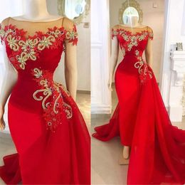2022 vestidos de fiesta de sirena con lentejuelas rojas para niña negra Sheer Neck Illusion vestidos de noche árabes formales
