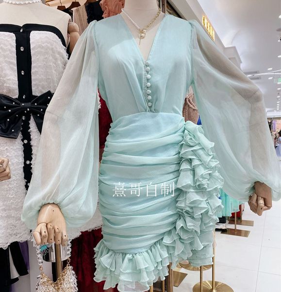 Retro francés francés femenino profundo hojaldre de cuello en v gachón de manga larga con altura rufa parcheada de vestir irregular al cuerpo de vestir con vestidos sml