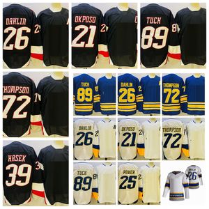 2022 Reverse Retro 2.0 Hockey Jerseys 26 Rasmus Dahlin 21 Kyle Okposo 72 Tage Thompson 89 Alex Tuch 25 Owen Power 39 Dominik Hasek Chemises cousues noires pour hommes