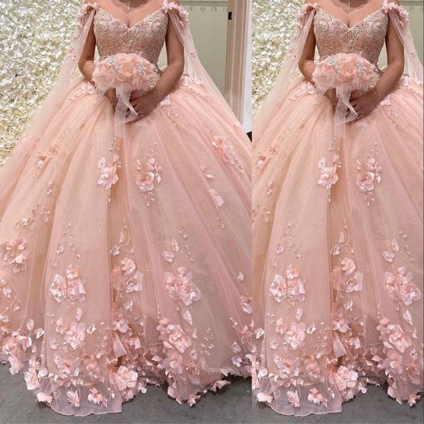 2022 romántico rubor rosado rosa 3d flores bola vestido quinceañera vestidos de fiesta con capa de capa de caftán cristal con cuentas de cordones de longitud larga 16 Vestidos de vestido 15 Anos Plus Tamaño