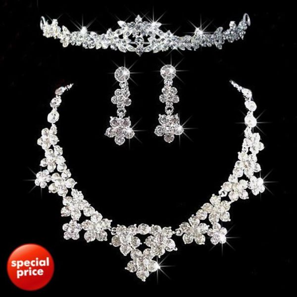 2022 Cristal romantique trois pièces fleurs bijoux de mariée 1 ensemble collier de mariée boucle d'oreille couronne diadèmes fête de mariage bal formel part1144646