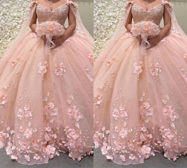 2022 ROSE ROSE ROSE ROSE ROSE FLORAUX ROBLE DE BOULLE DES ROBRES DE PROM QUINCEANERA avec Cape Wrap Caftan Sexy Crystal Lace Lace Long Sweet 8770611