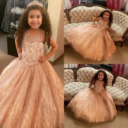 2022 Rose Flower Gold Girls jurken voor bruiloft kralen Toddler Pageant -jurken lange baljurk eerste communiejurk