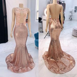 2022 Rose Gold Mermaid Lentejuelas Vestidos de baile Vestidos de noche formales Apliques de encaje Vestidos largos de fiesta Black Girls Party