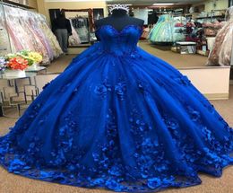 2022 Koningsblauw 3D Bloemen Bloemen Baljurk Quinceanera Galajurken Parels Sweetheart Prinses Avond Formele Jurken Sweet 16 Vest8910866