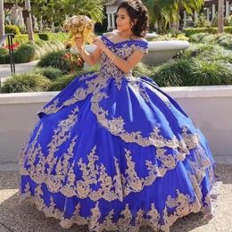 2022 Royal Blue Gold Applique Quinceanera vestidos vestido de bola hinchado fuera del hombro para mujeres con cordones Sweet 16 Prom Girls C0730