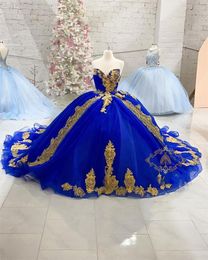 2022 Royal Blue Gold Lace Vestidos de novia quinceanera jurken lieverd veter lange trein vrouwen plus size prom feest avondjurken