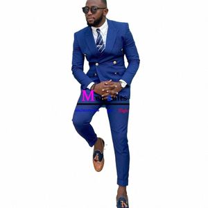 2022 Costume pour hommes bleu royal 2 pièces à double boutonnage à revers cranté Busin Blazer Slim Fit Casual Tuxedos pour veste de mariage + pantalon I05l #