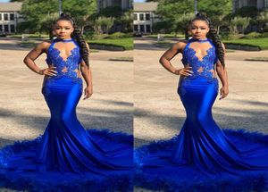 2022 Royal Blue Mermaid Prom -jurken Zie sparkly pailletten Deep V Neck Halter African Formal Evening Party Jowns9287609