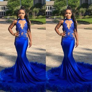 2022 Royal Blue Mermaid Prom Jurken See Through Sparkly Pailletten Diepe V-hals Halter Afrikaanse Formele Avond Party Gowns2837