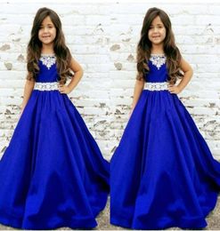 2022 Royal Blue Modern Girls Pageant Dresses Jewel Neck Toddler Infant Crystal Ribbon Satin Long Flower Girls First Communion Dres2218087