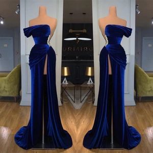 2022 Royal Blue Off-the-Shoulder Long Prom avondjurken Velvet Backless Prom-jurken met gesplitste BC11436 B0613G12 201D