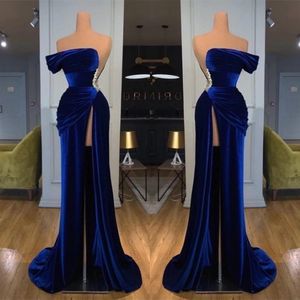 2022 Royal Blue Off-The-Shoulder Long Prom avondjurken Velvet Backless Prom-jurken met gesplitste BC11436 B0613G12 230O