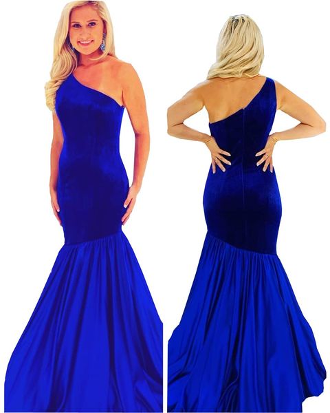 2022 Royal Bleu Velours Sirène Robes De Bal Sexy Vintage Arabe Grande Taille Une Épaule Formelle Robes De Soirée Robe de Novia