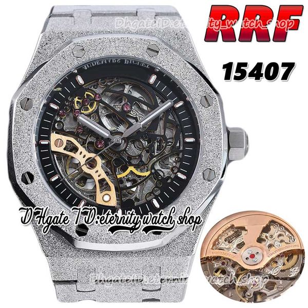 2022 RRF 41MM 15407 Montre Homme Mécanique Automatique Boîtier en Or Givré Squelette Cadran Noir Double Balance Bracelet en Acier Inoxydable 316L Sport Montres d'éternité