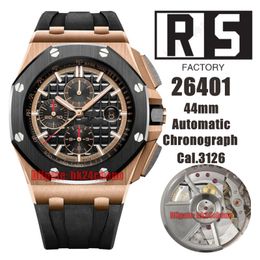 RS Factory Watches RSF 26401 44 mm roségoud Cal.3126 / ETA7750 automatische chronograaf herenhorloge keramische rand zwarte wijzerplaat rubberen band herenhorloges