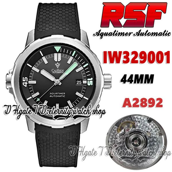 2022 RSF Aquatimer IW3290 A2892 Automatic Homme Watch 44mm Black Dial Stick Markers en acier inoxydable Brotte en caoutchouc noir Super édition Lumineux Éternité