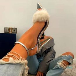2022-Sandalen Vrouwen Gesp Puntschoen Nepbont Dunne Hakken Dame Mode Sexy Zoete Zomer Outdoor Slides plus Size Vrouwelijke Schoenen