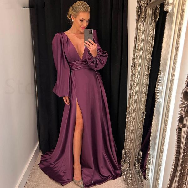 2022 Satin manches longues robes de soirée de bal col en V profond aubergine violet robes de soirée formelles robes de gala fiesta