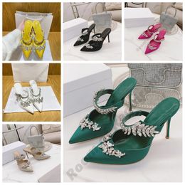 2022 Satijn Mb Jurk Schoenen 8 Cm 10 Cm Puntige Crystal Diamond Sandalen Pumps Groen Roze Zwart Hoge Hakken Lovertjes banket Stiletto Shine Cap Teen Tip Sexy Vrouwen Zomer Schoen