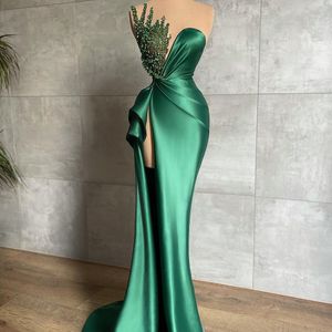 2022 Satin Mermaid Avondjurk Hoge Split Plooid Prom-jurken Kralen Handgemaakte Baan Slanke Mode Tweede Receptie Jurken