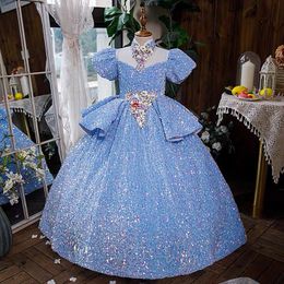 2022 Robes de fille à fleurs à paillettes pour le mariage en dentelle rose Princesse tutu jupe à volants 2019 Boube de bal bijou vintage enfant Première robe de communion sainte