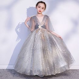 2022 Princesse à paillettes Robes de filles de fleur pour le mariage hors épaule manches longues perles en dentelle en tulle