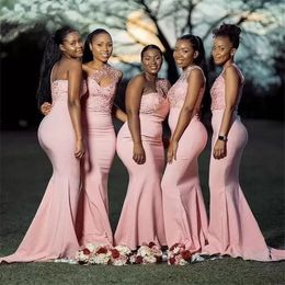 2022 Sexy Arabic Blush Pink Long Bridesmaid Dresses For Weddings One Shoulder Mermaid Lace Appliques Beads Party Sweep Train Maid Honor Gowns Plus Size