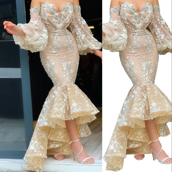 2022 Sexy Arabe Champagne Dentelle Cristal Perles Robes De Bal Broderie Chérie Sirène Robe De Soirée Vintage Robes De Soirée Formelles Haut Bas Volants Hors Épaule