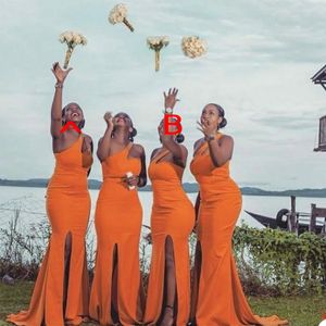 2022 Sexy Arabisch oranje lange bruidsmeisje jurken voor bruiloften een schouder zeemeermin side split Party Sweep Train Maid Honor Togels Elastisch Satin