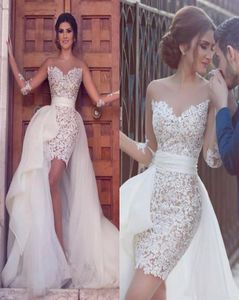 2022 Vestidos de novia de encaje de vaina corta árabe sexy Vestidos de novia con ilusión de tren desmontable Apliques de manga larga Novia de playa D1142476