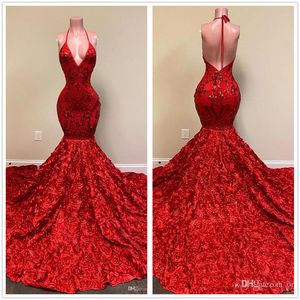 2022 Sexy Dos Nu Rouge Robes De Bal Halter Col En V Profond Dentelle Appliques Sirène Robe De Soirée Rose Volants Occasion Spéciale Robes De Soirée BC10882